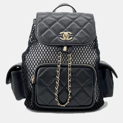 Pre-owned Chanel Backpack Black Mesh Shiny Lambskin