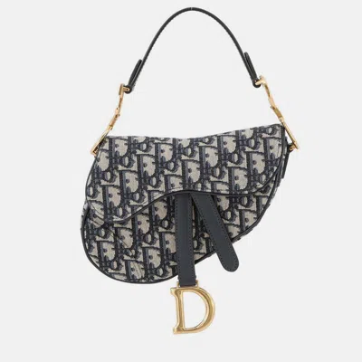 Pre-owned Dior Oblique Saddle Handbag Navy Canvas Leather Size Mini In Blue