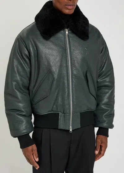Ami Alexandre Mattiussi Leather Bomber Jacket Shearling Collar In Gray