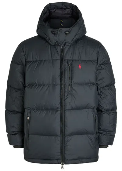 Polo Ralph Lauren Blue Down Jacket With Fixed Hood And Embroidered Pony Logo On Chest In Tech Fabric Man In Blue