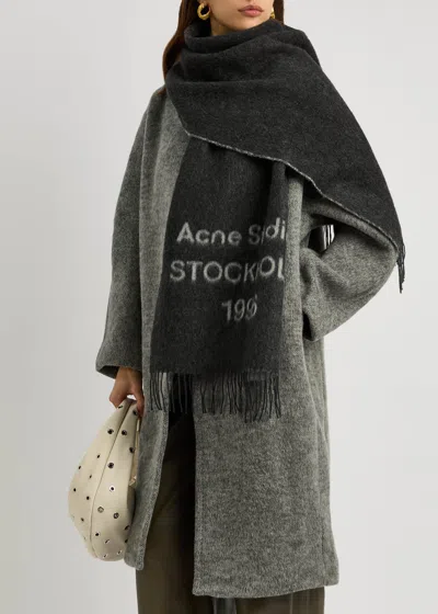 Acne Studios 1996 Logo Jacquard Double Face Wool Fringe Scarf In Black