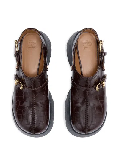 Ganni Crocodile-effect Buckle Pumps In Brown