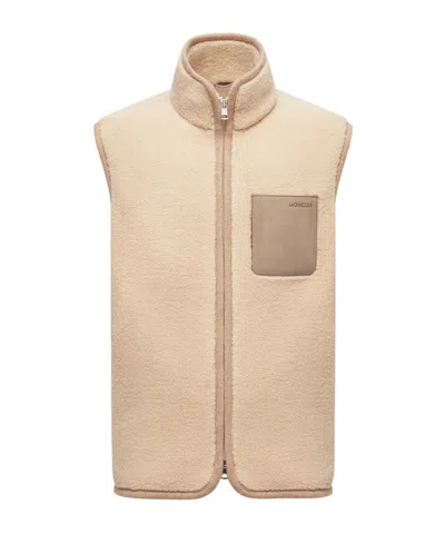 Moncler Leather-trimmed Teddy Vest In Gold