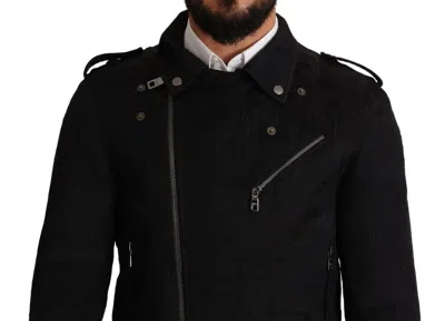 Pre-owned Dolce & Gabbana Black Brocade Full Zip Biker Coat Men's Jacket ()