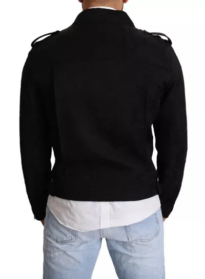 Pre-owned Dolce & Gabbana Black Brocade Full Zip Biker Coat Men's Jacket ()