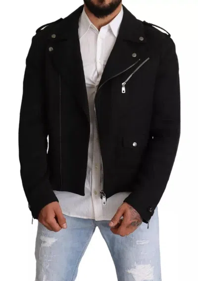 Pre-owned Dolce & Gabbana Black Brocade Full Zip Biker Coat Men's Jacket ()