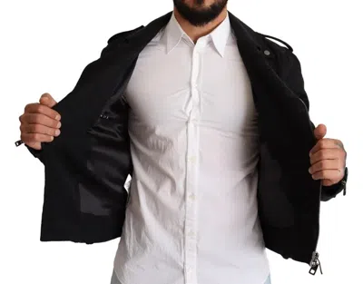 Pre-owned Dolce & Gabbana Black Brocade Full Zip Biker Coat Men's Jacket ()