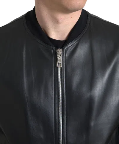 Dolce & Gabbana Black Leather Full Zip Bomber Men Men's Jacket In Black