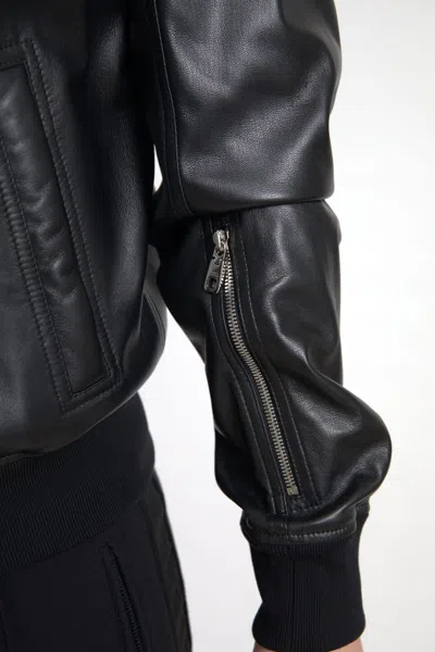 Dolce & Gabbana Black Leather Full Zip Bomber Men Men's Jacket In Black