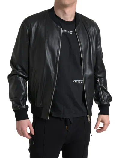 Dolce & Gabbana Black Leather Full Zip Bomber Men Men's Jacket In Black