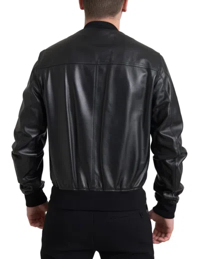 Dolce & Gabbana Black Leather Full Zip Bomber Men Men's Jacket In Black