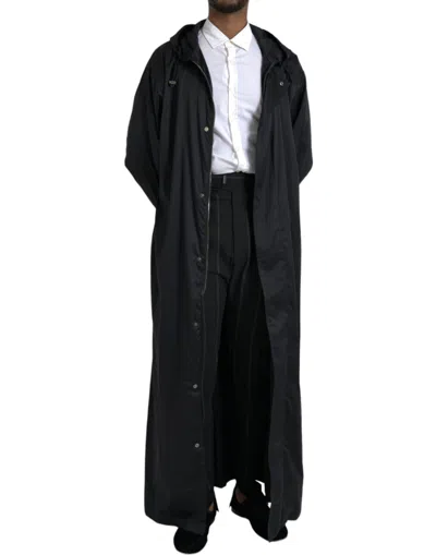 Dolce & Gabbana Black Polyester Hooded Long Windbreaker Men's Jacket In Black