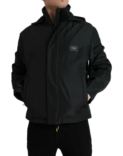 Dolce & Gabbana Black Polyester Logo Plaque Hooded Men's Jacket In Black