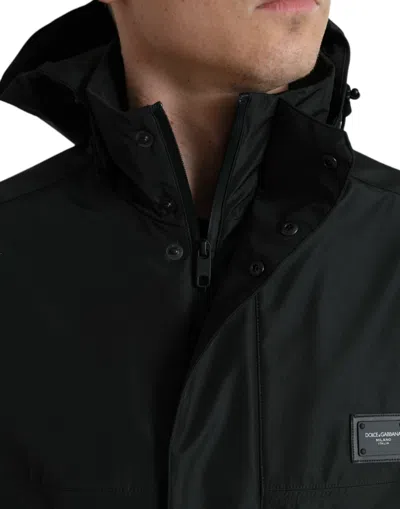 Dolce & Gabbana Black Polyester Logo Plaque Hooded Men's Jacket In Black