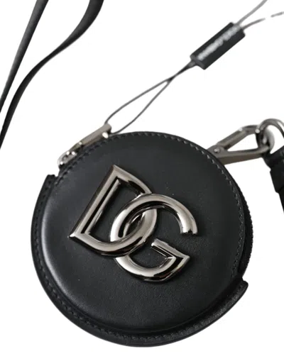 Dolce & Gabbana Black Round Leather Dg Logo Coin Purse Lanyard Men's Wallet In Black