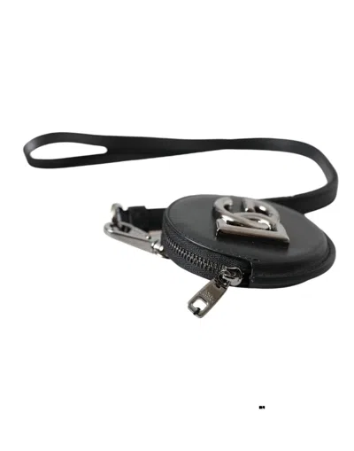 Dolce & Gabbana Black Round Leather Dg Logo Coin Purse Lanyard Men's Wallet In Black