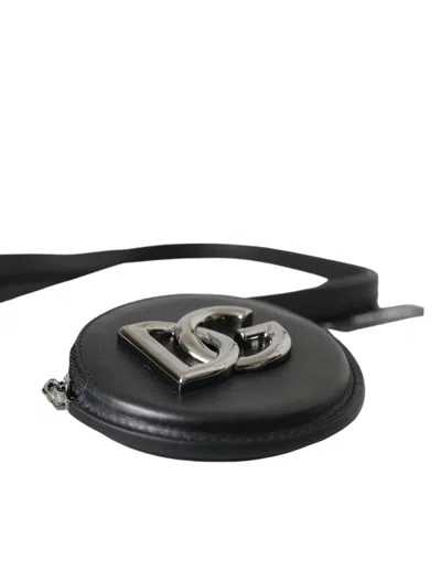 Dolce & Gabbana Black Round Leather Dg Logo Coin Purse Lanyard Men's Wallet In Black