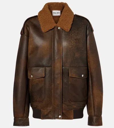 Miu Miu Shearling-trimmed Leather Blouson Jacket In Brown