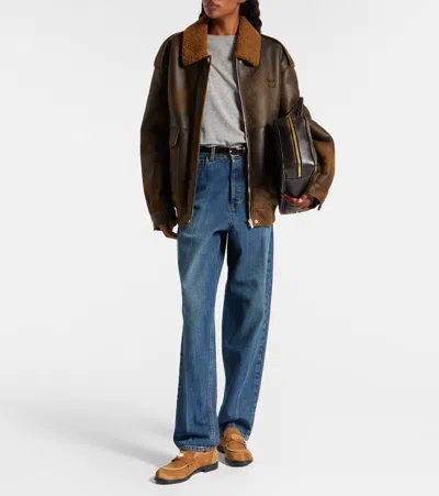 Miu Miu Shearling-trimmed Leather Blouson Jacket In Brown