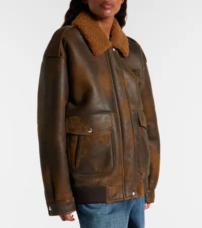 Miu Miu Shearling-trimmed Leather Blouson Jacket In Brown
