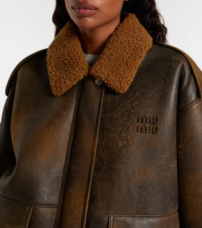 Miu Miu Shearling-trimmed Leather Blouson Jacket In Brown