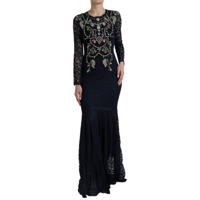 Dolce & Gabbana Blue Crystal Floral Lace Long Gown Women's Dress In Blue