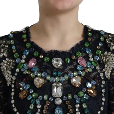 Dolce & Gabbana Blue Crystal Floral Lace Long Gown Women's Dress In Blue