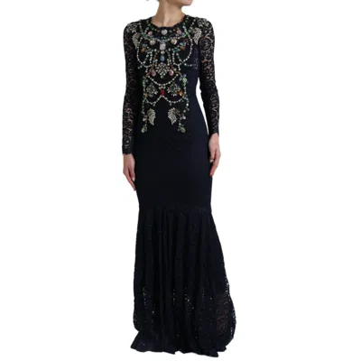 Dolce & Gabbana Blue Crystal Floral Lace Long Gown Women's Dress In Blue