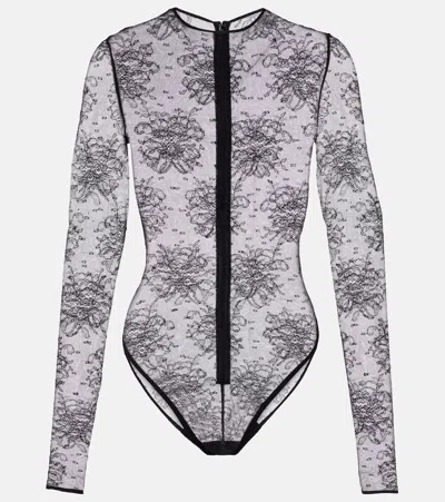Dolce & Gabbana Women Black Bodysuit With All-over Floral Embroidery And Semi-sheer Design In Stretc In Animal Print