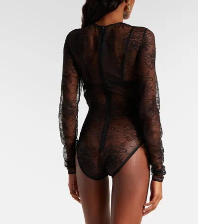Dolce & Gabbana Women Black Bodysuit With All-over Floral Embroidery And Semi-sheer Design In Stretc In Animal Print
