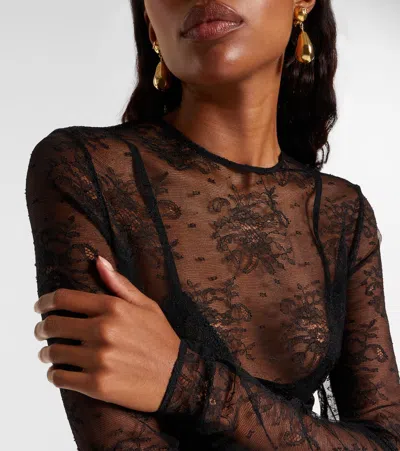 Dolce & Gabbana Women Black Bodysuit With All-over Floral Embroidery And Semi-sheer Design In Stretc In Animal Print