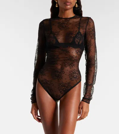 Dolce & Gabbana Women Black Bodysuit With All-over Floral Embroidery And Semi-sheer Design In Stretc In Animal Print