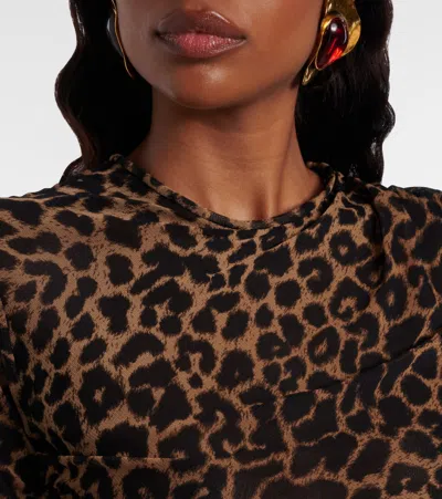 Saint Laurent Leopard-print Ruched Tulle Minidress In Brown