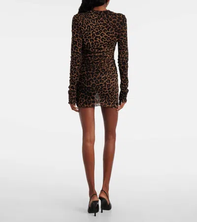 Saint Laurent Leopard-print Ruched Tulle Minidress In Brown