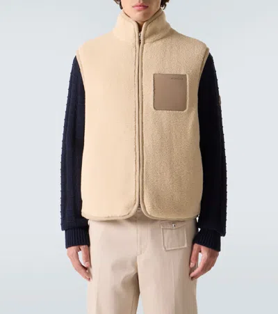 Moncler Leather-trimmed Teddy Vest In Neutral