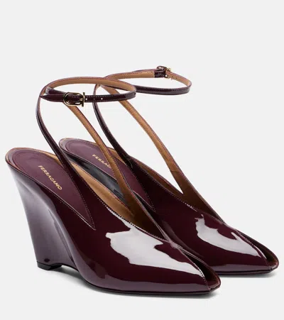 Ferragamo Peep Toe Wedge Sandals In Bordeaux In Purple