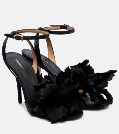 Ferragamo Black Satin Flower Sandals In Black