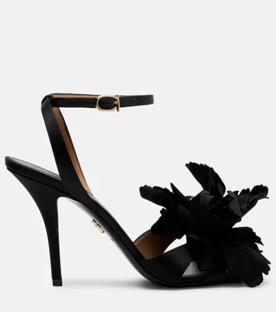 Ferragamo Black Satin Flower Sandals In Black