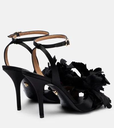 Ferragamo Black Satin Flower Sandals In Black