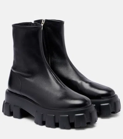 Prada Black Stretch Nappa Monolith Ankle Boots In Black