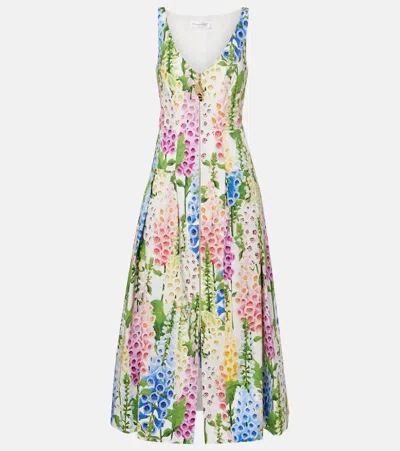 Oscar De La Renta Foxglove-print Pleated Poplin Zip-front Midi Dress In Multi