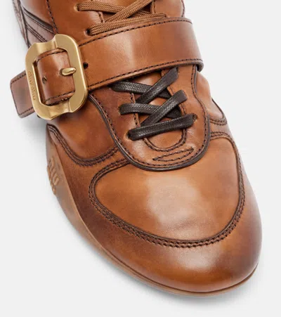 Miu Miu Cognac-colored Leather Sneakers With Buckle In Multi