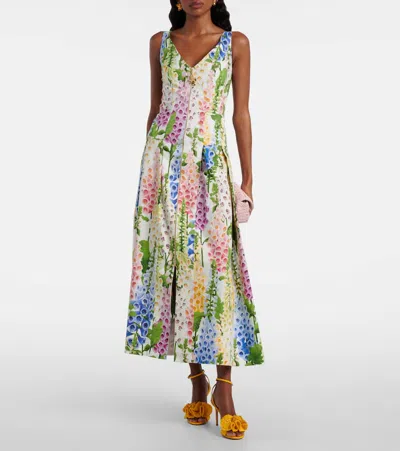 Oscar De La Renta Foxglove-print Pleated Poplin Zip-front Midi Dress In Multi