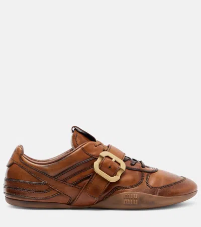 Miu Miu Cognac-colored Leather Sneakers With Buckle In Multi
