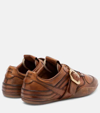 Miu Miu Cognac-colored Leather Sneakers With Buckle In Multi