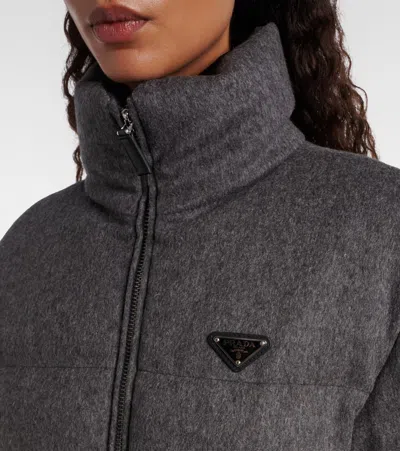 Prada Belted Virgin Wool Down Jacket In Gray