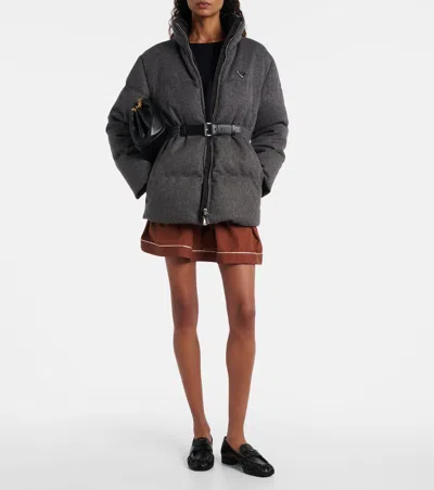 Prada Belted Virgin Wool Down Jacket In Gray