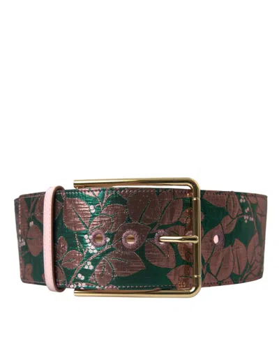 Dolce & Gabbana Multicolor Floral Jacquard Lurex Gold Buckle Belt In Brown