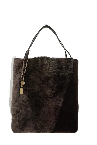Chloé Spin Leather-trimmed Embellished Shearling Tote In Brown