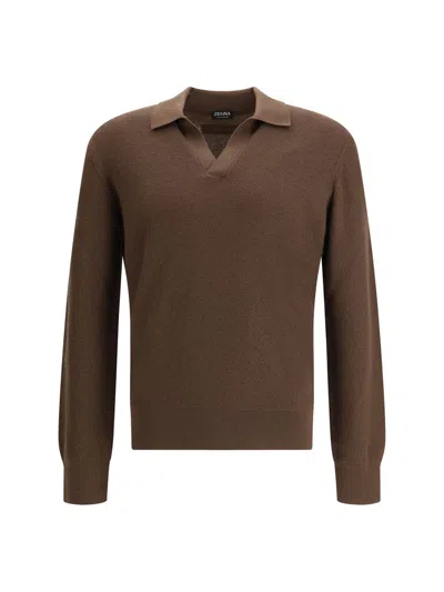 Zegna Cashmere Polo Sweater Textured Knit In Brown